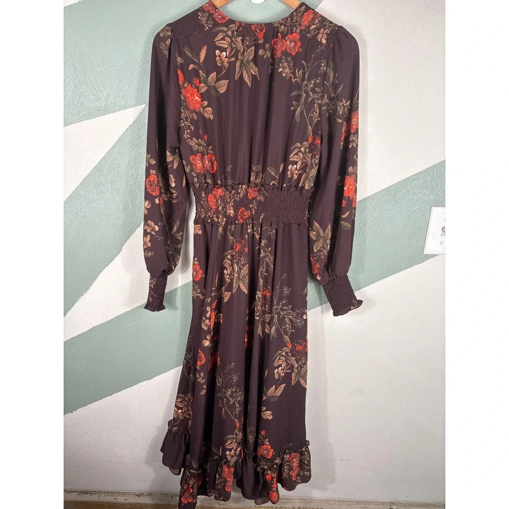 H&M Women's Size 6 Floral Smocked Brown Long Sleeve Ruffle Hem Boho Maxi Dress - Picture 12 of 13